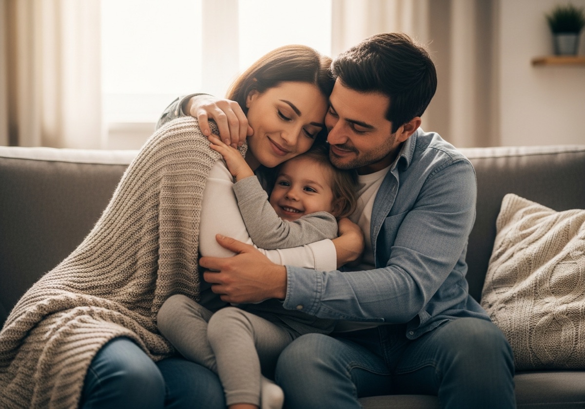 Parents embracing their child at home