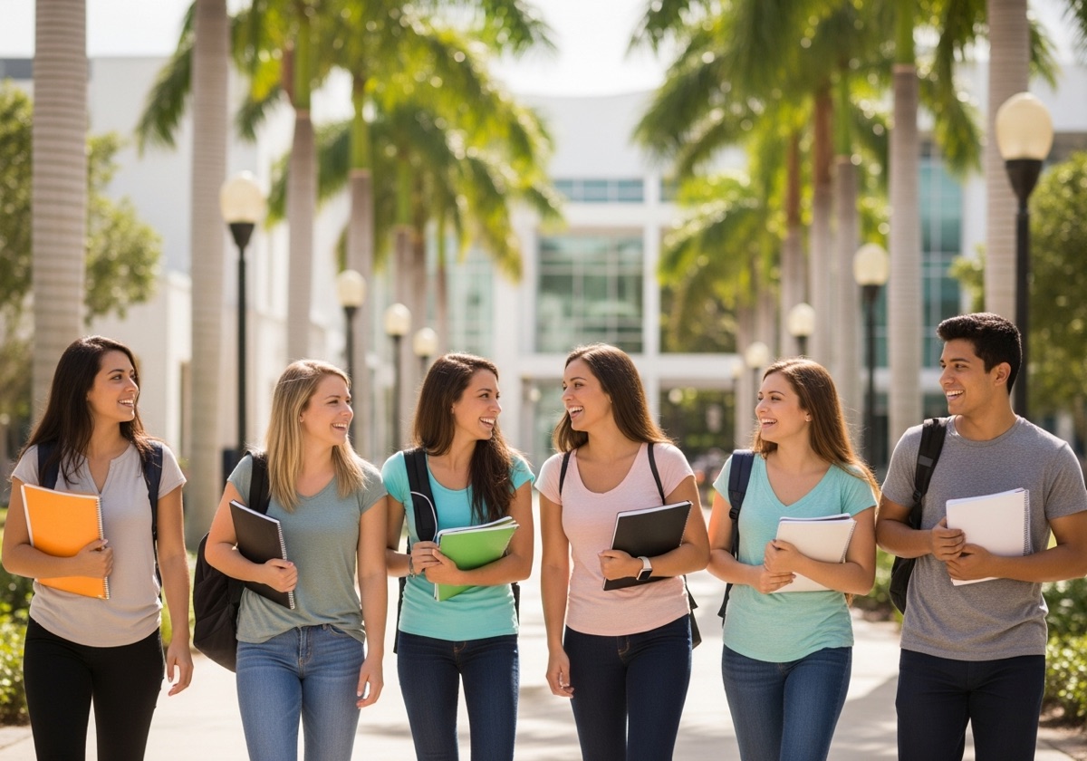 College students walking together on a palm-lined campus