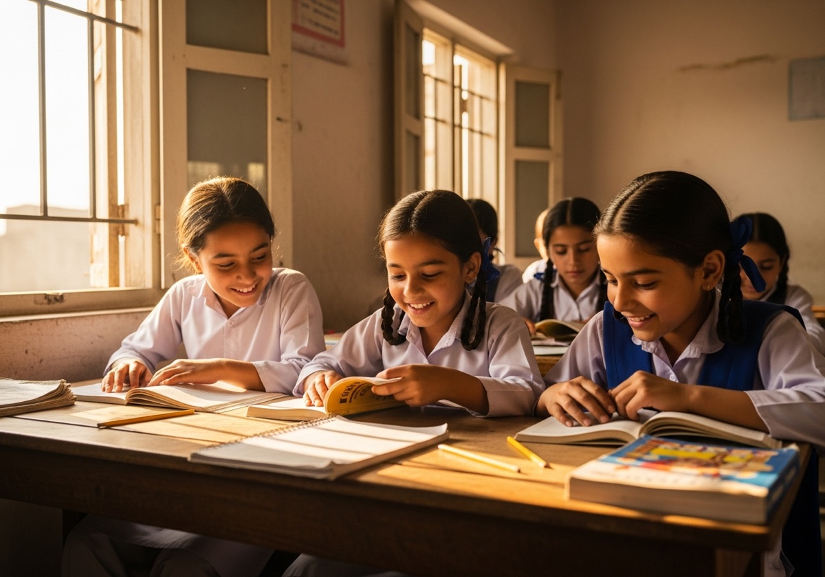 Schoolgirls reading books together at a shared desk