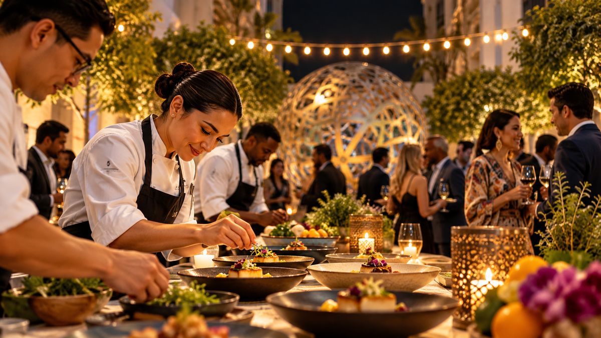 Chefs plating dishes at a Flavors Beyond Borders event