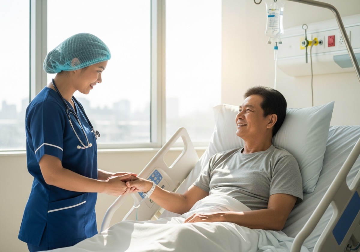 A nurse comforting a recovering patient in a cancer care ward