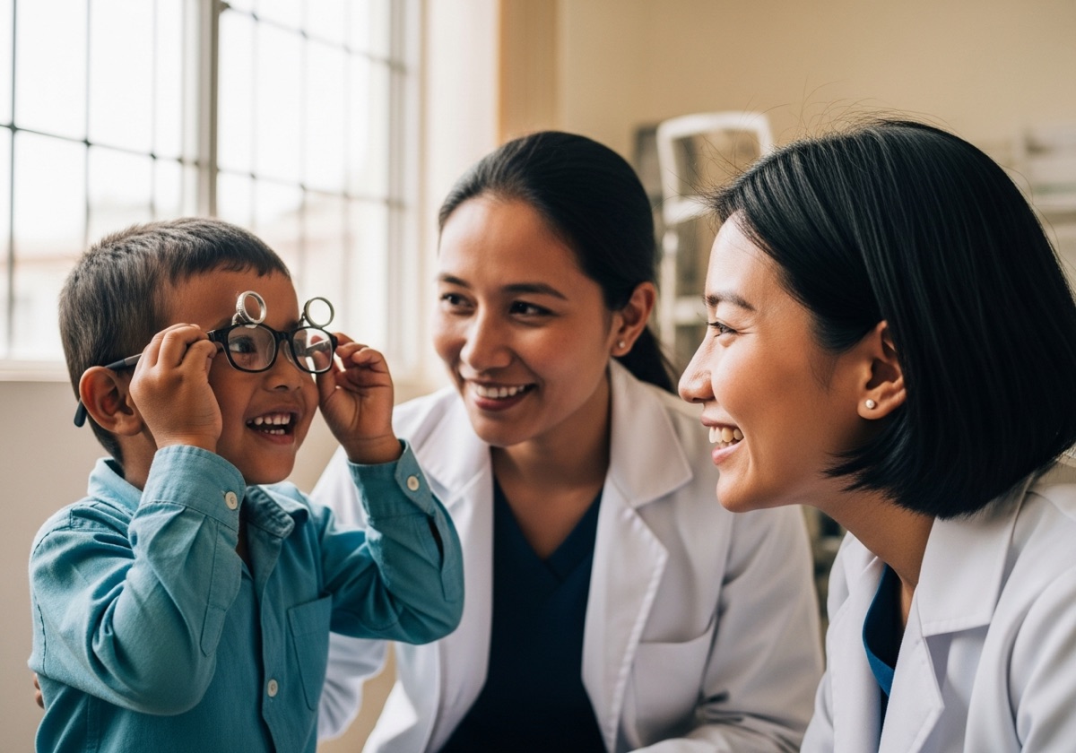 A child trying on new eyeglasses at an eye clinic