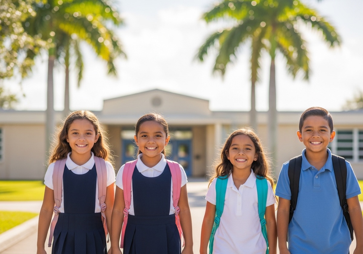 Children in new school uniforms heading to school
