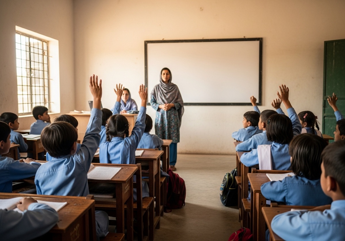 Students raising their hands in a classroom in Pakistan